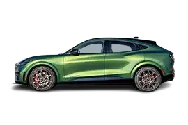 Side profile of the Ford Mustang Mach-E, showing its aerodynamic body, coupe-like roofline, and EV styling cues