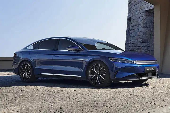 Front view of the BYD Han EV showcasing its sleek electric sedan design and aerodynamic grille