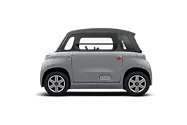 Side profile of the Citroen Ami electric quadricycle, showing the opposite‑hinged doors, 5.5 kWh lithium‑ion battery pack, and tall body design optimized for two passengers and city commuting.