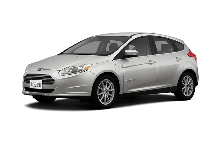 Front view of the Ford Focus Electric (2017 model year shown), featuring the distinctive closed grille and unique lighting elements that distinguish it from the gasoline Focus, highlighting its 107 kW motor and 33.5 kWh battery pack.