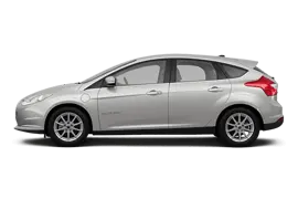 Side profile of the Ford Focus Electric compact car, emphasizing its hatchback body style and standard charging port location, a vehicle known for its Global C-Car Platform and limited 115-mile range.