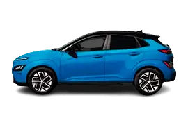 Side profile of Hyundai KONA Electric 2018–2023, compact B‑SUV with 64 kWh battery and WLTP range up to 484 km.