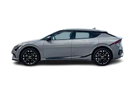 Side profile of the Kia EV6 (2022–2024) electric crossover, highlighting its coupe-like roofline, long 2900 mm wheelbase, and sleek aerodynamic design with low drag coefficient (Cd 0.28).