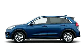 Side profile of the KIA Niro EV (2018-2022), highlighting its practical crossover silhouette, 2700 mm wheelbase for passenger comfort, and a capable 64 kWh usable battery capacity providing an impressive WLTP range up to 455 km.