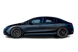 Mercedes‑Benz EQE side profile, coupe‑like roofline, long wheelbase, dual‑motor 4MATIC up to 687 hp.
