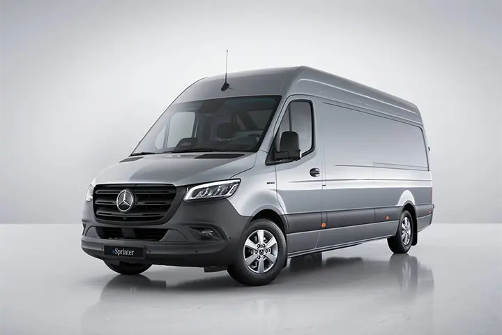 Mercedes‑Benz eSprinter front view, high‑roof electric van with LED lights and up to 113 kWh battery.