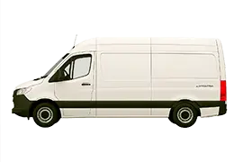 Mercedes‑Benz eSprinter side profile, long‑wheelbase cargo van with up to 14 m³ volume and RWD layout.