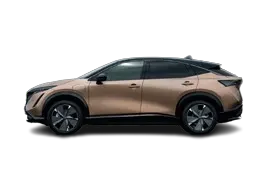 Side profile of the Nissan Ariya electric crossover, emphasizing its sleek, coupe-like silhouette, sloped roofline, and prominent wheel arches, optimized for efficiency and performance.