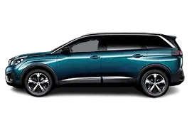 Side profile of the Peugeot e‑5008 electric SUV, highlighting its elongated 7‑seat body, coupe‑inspired roofline, aerodynamic efficiency with drag coefficient Cd 0.28, and large battery pack options up to 98 kWh.
