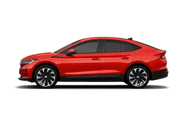 Side profile of the Škoda Enyaq Coupé showcasing aerodynamic roofline and sporty design