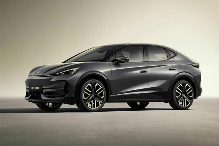 Front view of Volkswagen ID.UNYX 06 electric SUV, showcasing closed grille, LED headlights, and aerodynamic bumper design
