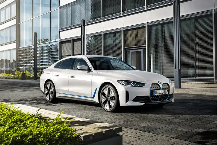 BMW i4 front view electric car design, grille and headlights