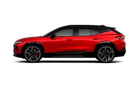 Side profile of the Chevrolet Blazer EV 2025 mid‑size electric crossover, showing sporty roofline, 121.8‑inch wheelbase, and FWD, RWD, AWD options.
