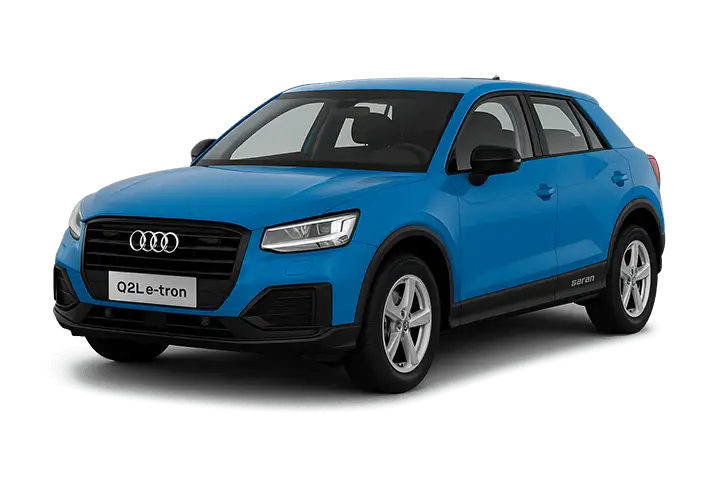 Front view of the Audi Q2L e-tron China-exclusive electric SUV, showing compact MQB-based design, 100 kW motor output and premium crossover styling.