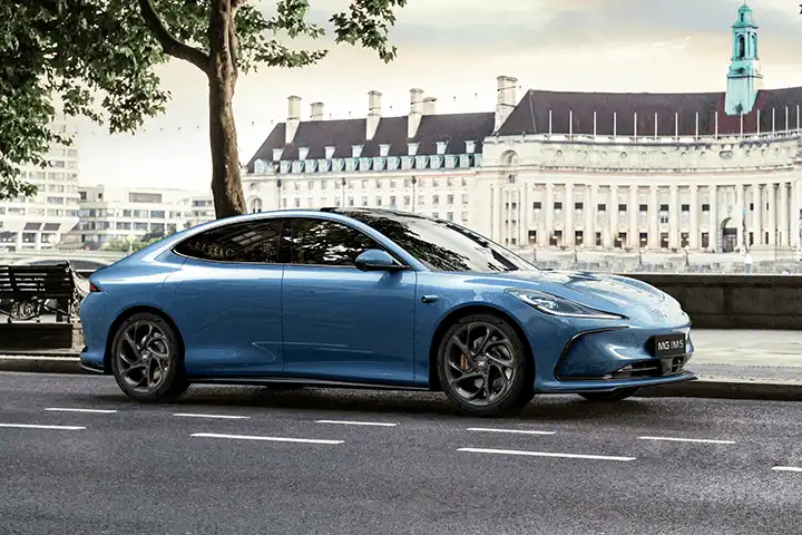 Front view of the MG IM5 luxury electric sedan with sleek aerodynamic styling, advanced LED lighting signature, and 800V ultra-fast charging capability.