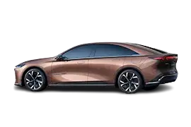 Side profile of Mazda 6e (EZ-6) liftback highlighting coupe roofline, long wheelbase, premium styling, 190 kW electric motor.