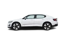 Side profile of Polestar 2 EV on CMA platform, high-riding fastback silhouette, 19-inch aero wheels and frameless mirrors reducing drag for range.