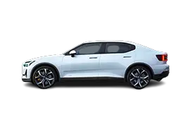 Side profile of 2024 Polestar 2 EV highlighting new RWD layout, 19-inch aero wheels and upgraded 82 kWh battery for extended WLTP driving range.